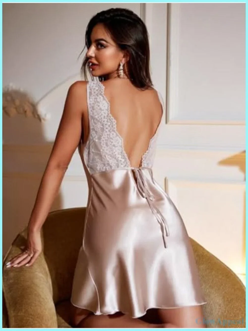 Satin Lace Slip Dress Backless Chemise Nightgown